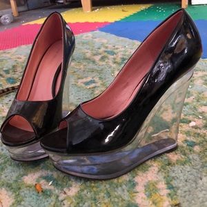 Black patent leather and clear wedges